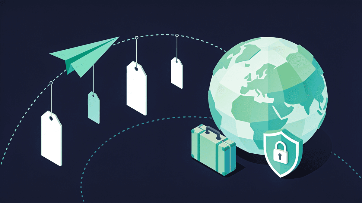 Illustration of a paper airplane flying over a globe with blank price tags hanging at different heights, symbolizing travel prices that vary by country