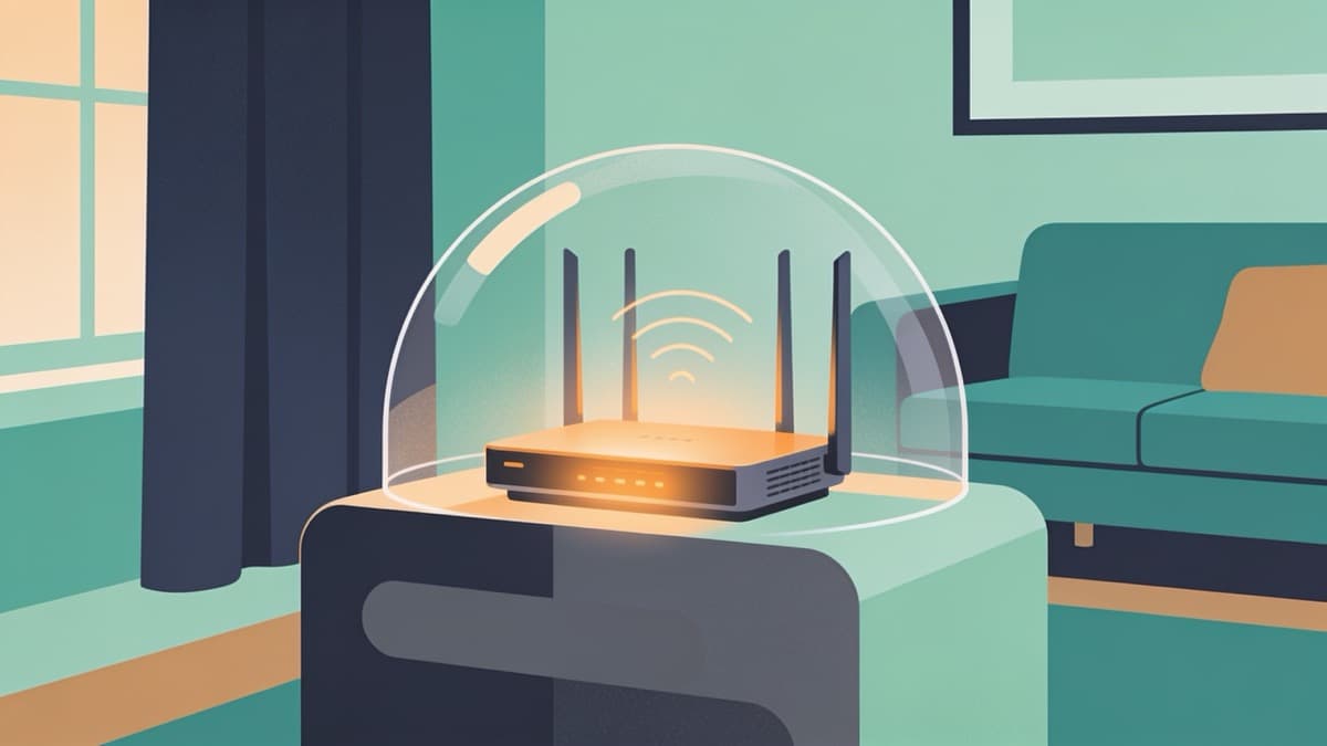 Flat vector illustration of a home network with a router, devices, and a privacy shield between them and the internet.