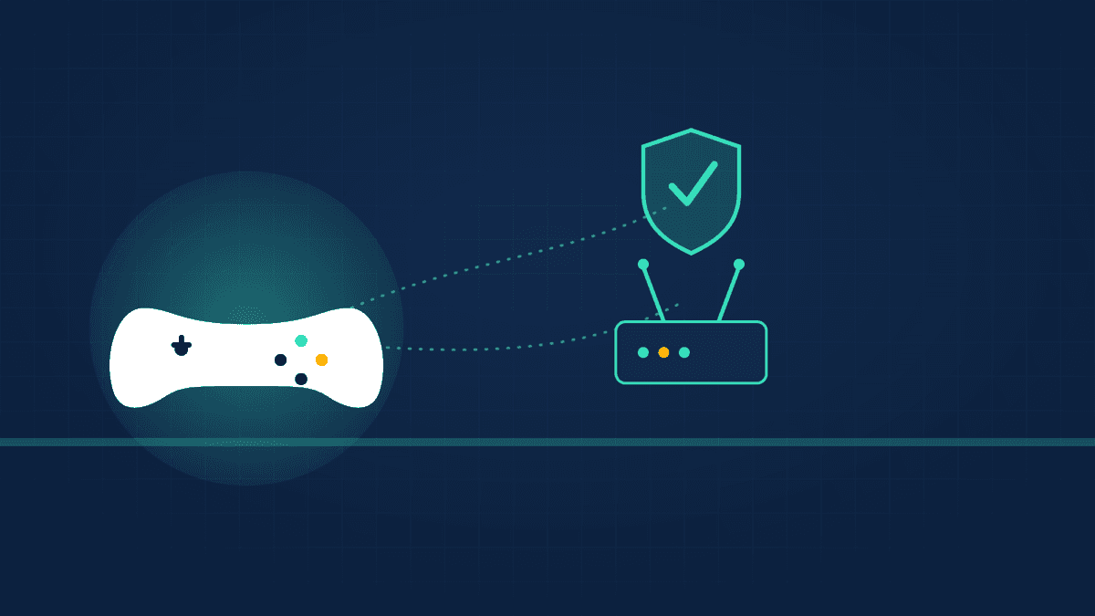 Gaming console and controller connected through a VPN-enabled router, illustrating console VPN setup for low latency and DDoS protection