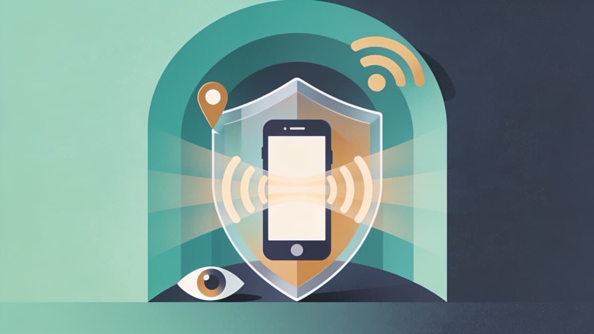 Illustration of a smartphone wrapped in a protective tunnel with location, tracking, and Wi-Fi icons left outside it