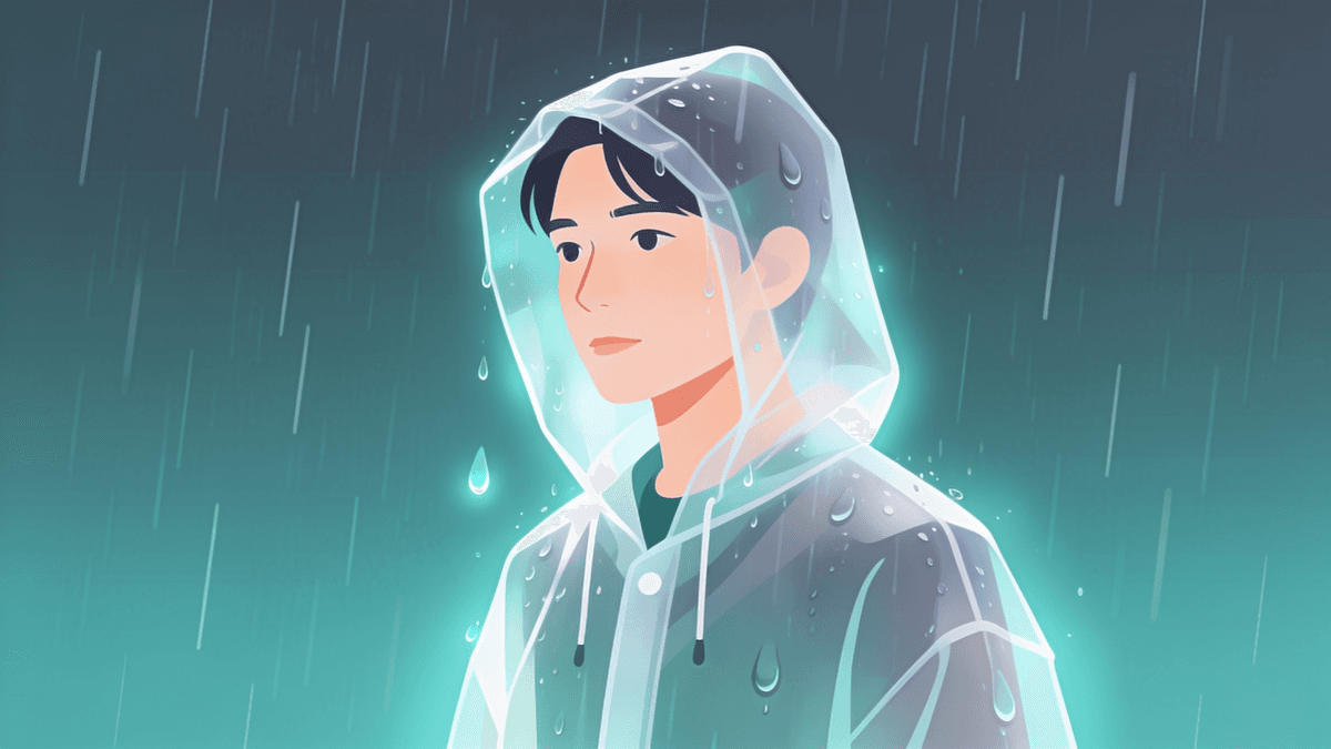 Illustration of a figure in a translucent raincoat in digital rain, symbolizing partial protection a VPN provides