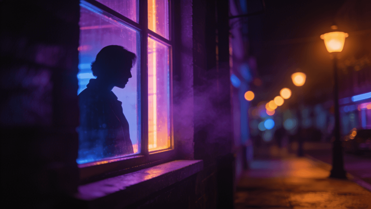 Neon-lit night scene in purple and amber tones evoking the visual style of a prestige television drama