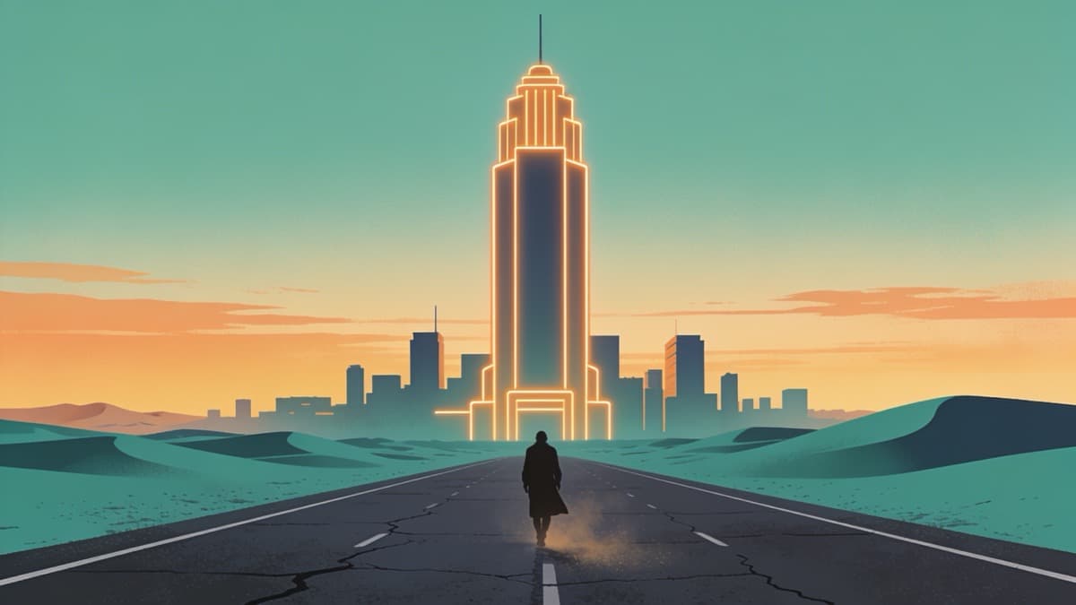 Flat vector illustration of a lone traveler walking a cracked desert highway toward a glowing retro-futuristic casino skyline at dusk.