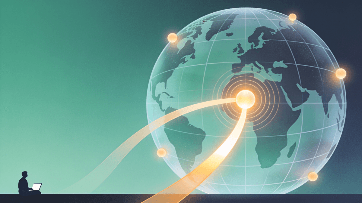 Stylised world map with glowing VPN server nodes connected by curved routing paths of different lengths
