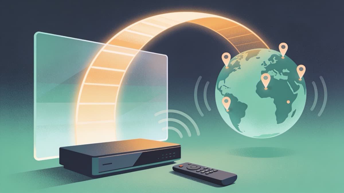 An Apple TV 4K box and Siri Remote beside a television showing a VPN app connect screen with a world map of server locations.