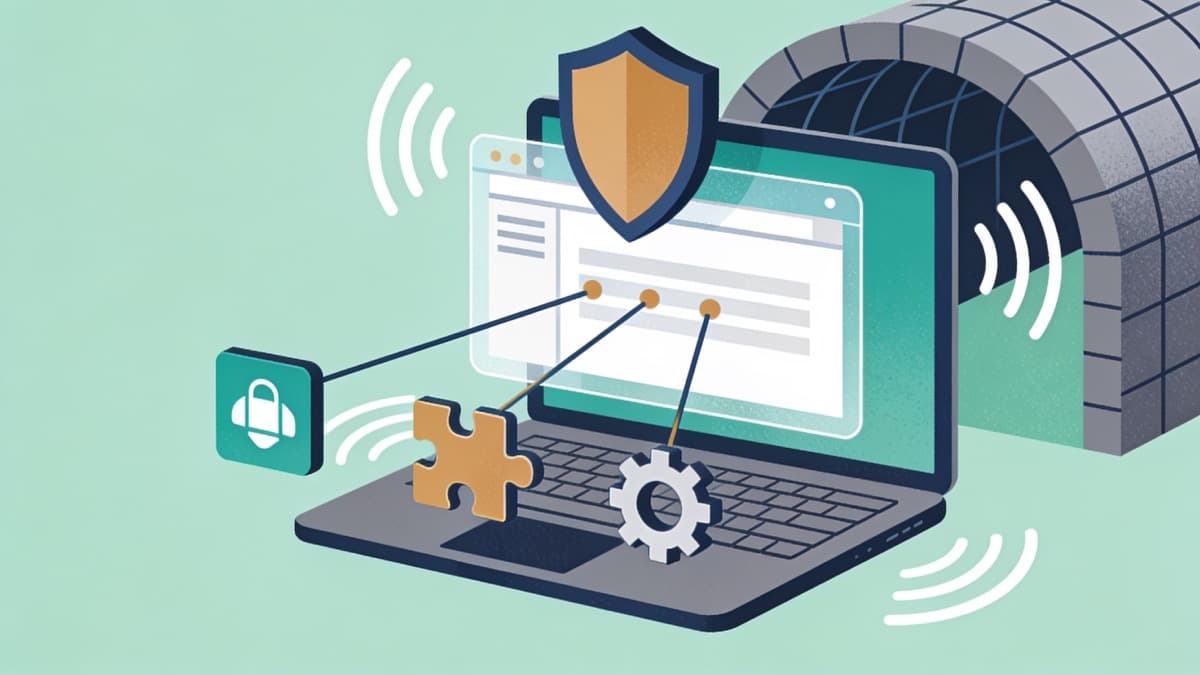 Flat vector illustration of a Chromebook with a VPN shield icon and three setup-route icons: an Android app, a Chrome extension, and a settings gear.