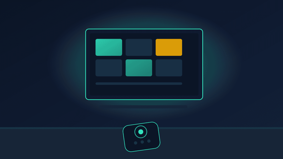 A Fire TV Stick remote on a table in front of a glowing TV in a dimly lit living room