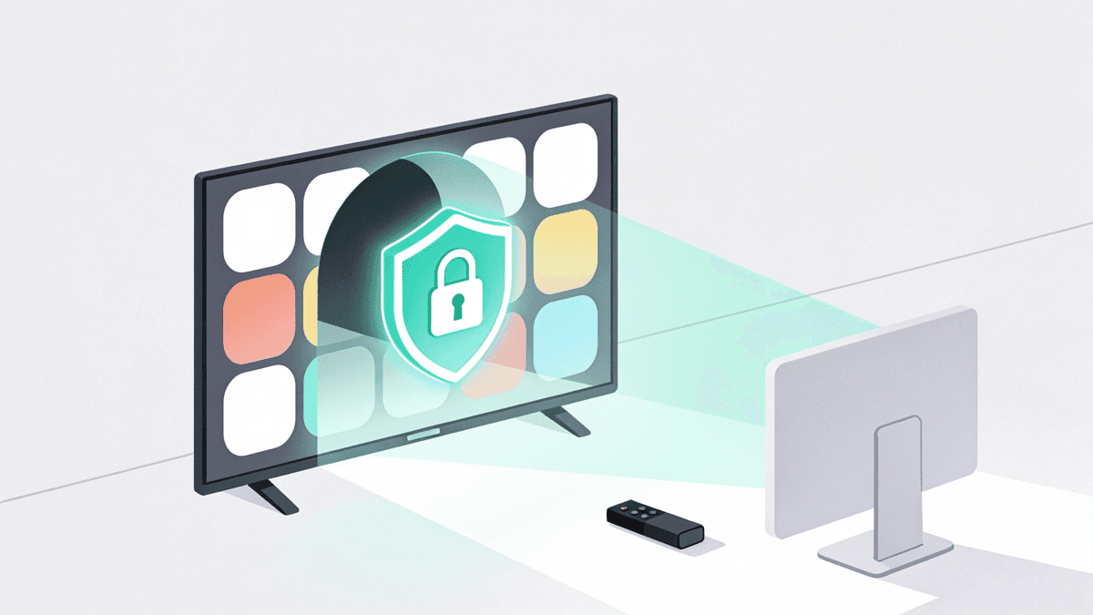 A Kodi media-player interface on a TV screen with a VPN shield icon overlaid, illustrating a VPN protecting Kodi streaming.