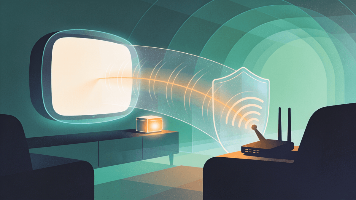 A streaming box and TV in a living room with a router in the foreground, illustrating a router-level VPN connection