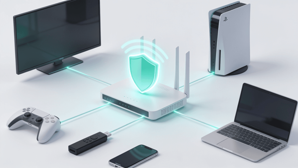 Illustration of a home Wi-Fi router with a shield icon connected to a smart TV, console, laptop, phone and streaming stick.