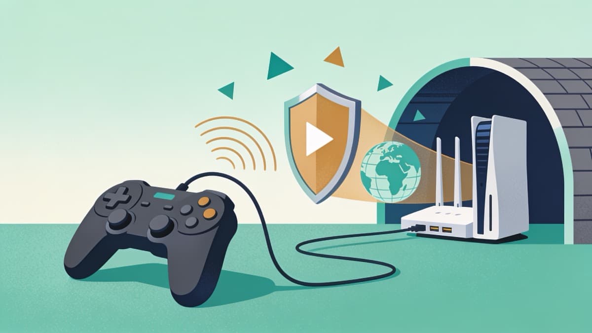 Flat vector illustration of a games console connected by Ethernet to a router, with a padlock icon traveling along the cable to represent a VPN tunnel.