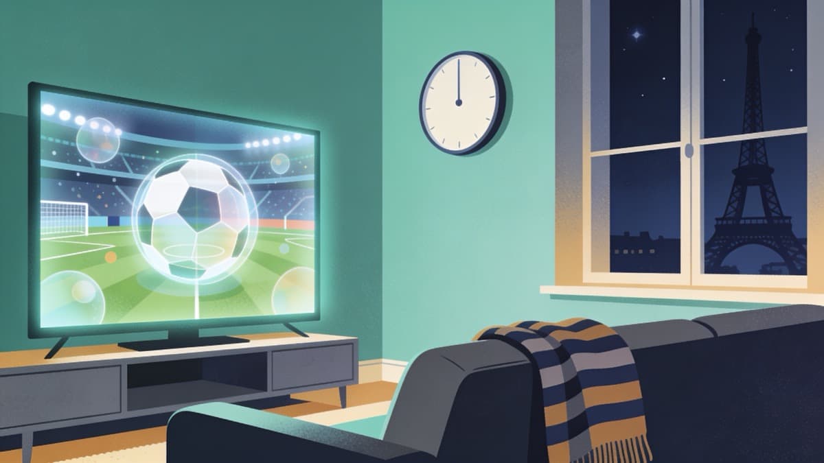French football fans watching the 2026 World Cup on a TV showing the M6 and beIN Sports logos, with a clock showing a late-night Paris kick-off time