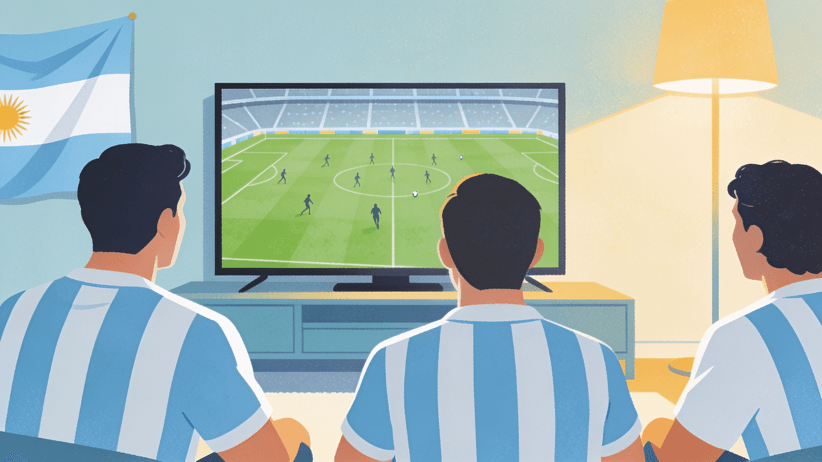 Argentine football fans watching the 2026 World Cup on a television, with a smartphone showing a live-streaming app in the foreground.