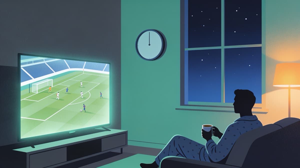 Flat vector illustration of an Australian fan watching a World Cup match on TV at 4am before dawn, coffee in hand.