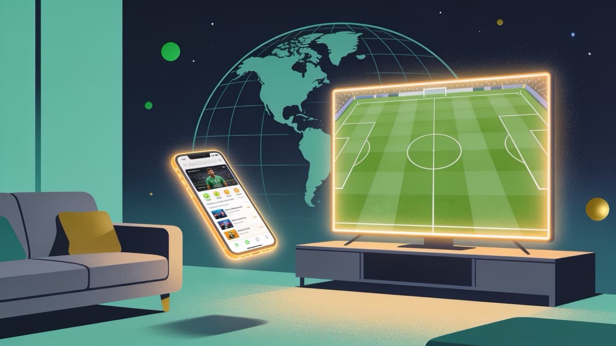 Flat vector illustration of a Brazilian living room at night with a TV and phone streaming a football match, with a faint map of the World Cup 2026 host countries behind.