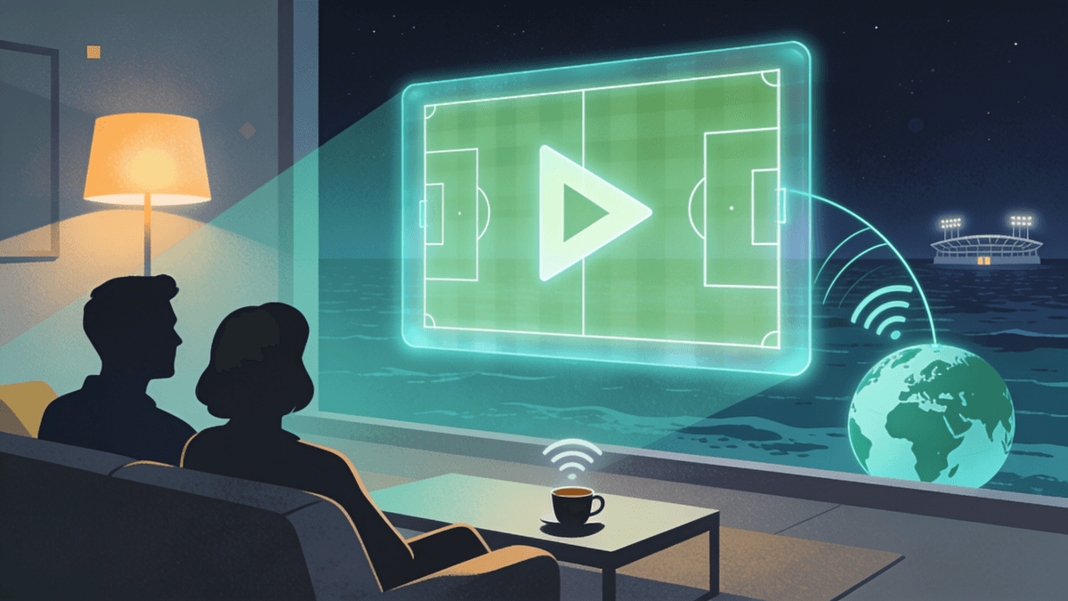 A darkened Italian living room lit by a TV showing a late-night football match, with an espresso cup on the table