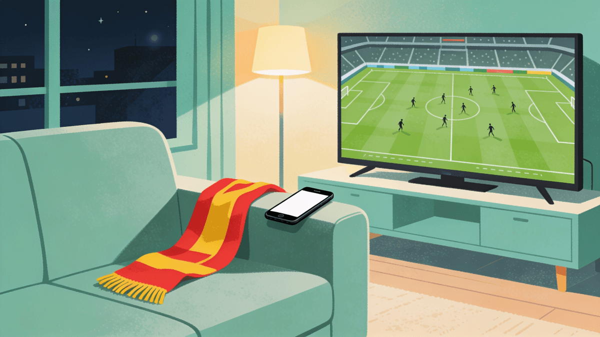 Illustration of a Spanish living room at night with a World Cup match on the TV and a streaming app open on a phone.