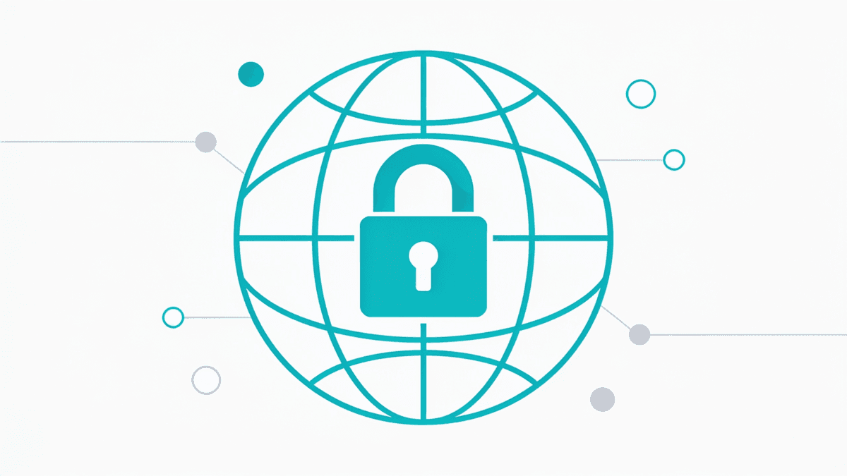 Wireframe globe with an abstract padlock and scattered status dots representing different VPN regulations around the world