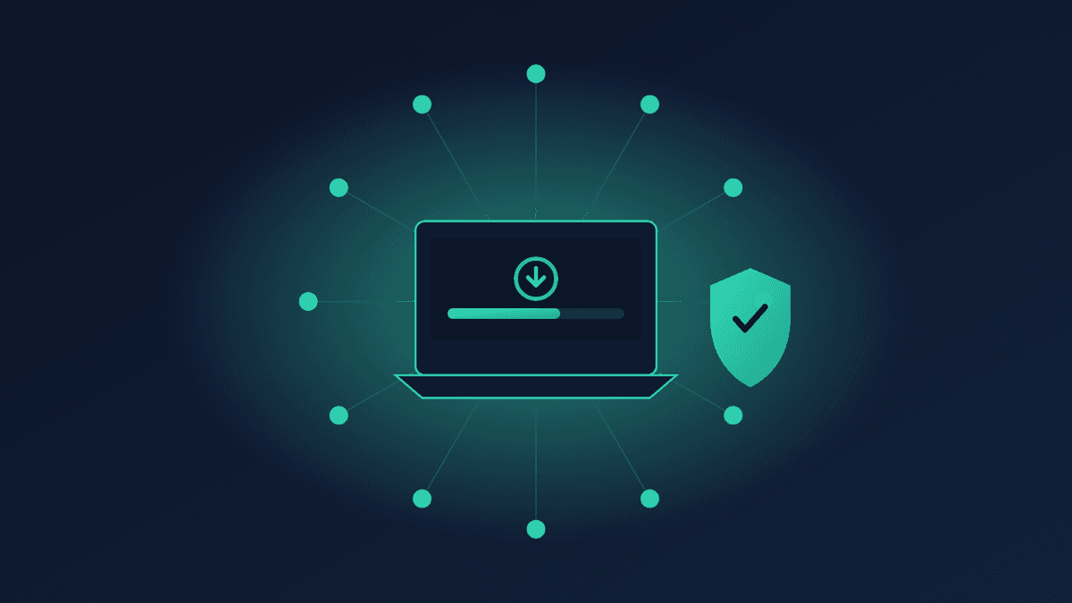 Illustration of a laptop connected through an encrypted tunnel to a shield, surrounded by a ring of peer nodes representing a torrent swarm.