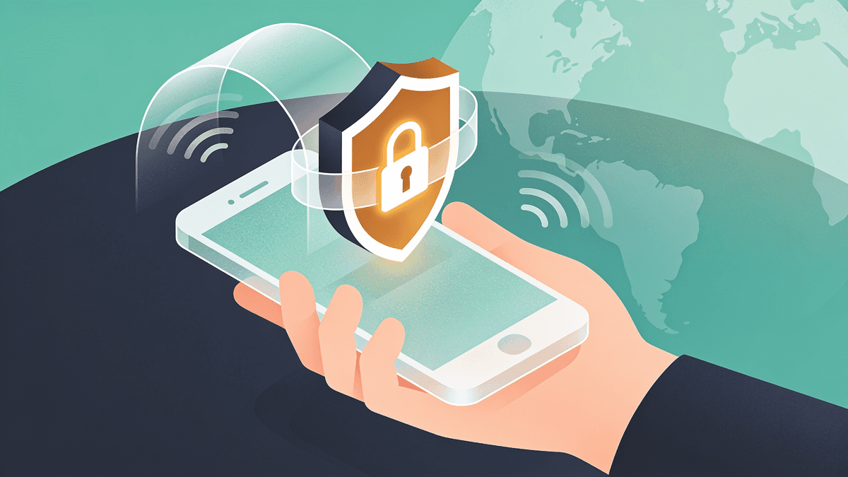 A person using a mobile banking app on a phone in a public cafe with a padlock security overlay
