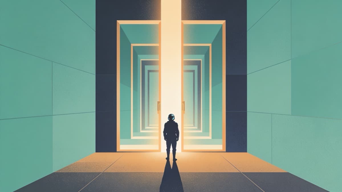 Stylized flat-vector illustration of a helmeted figure facing a doorway splitting into multiple glowing parallel dimensions.