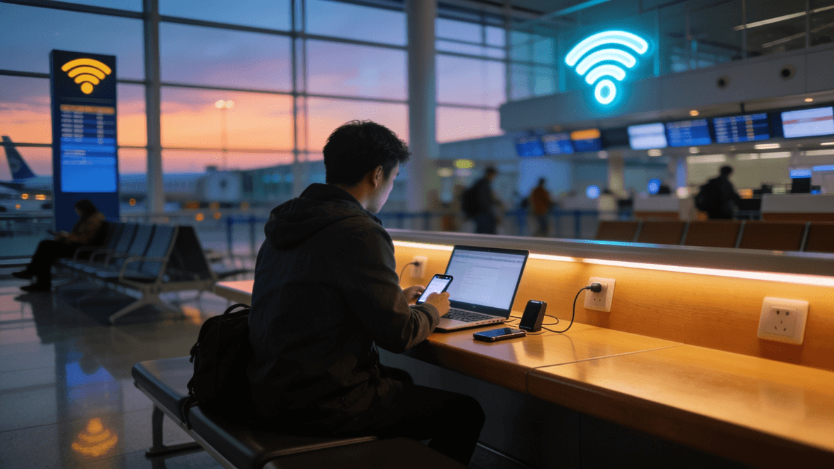 A traveler using a laptop on public Wi-Fi in an airport lounge at dusk