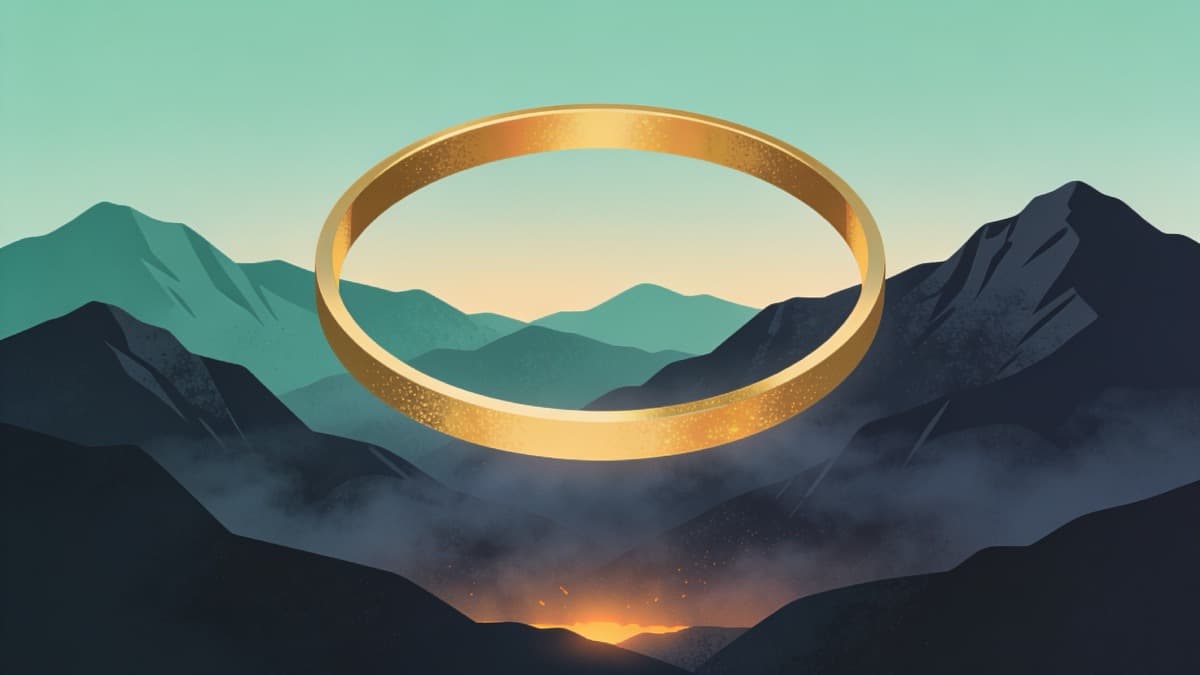 Stylized illustration of a golden ring above misty mountains evoking The Rings of Power Season 3