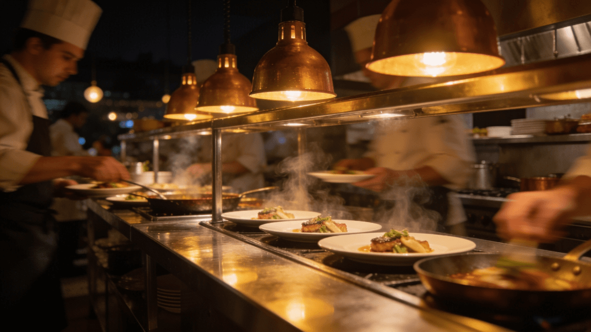 A busy restaurant kitchen at night with a glowing red countdown timer on the wall, evoking the ticking-clock tension of The Bear Season 4