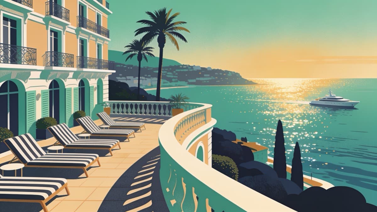 A luxury French Riviera hotel terrace overlooking the Mediterranean at golden hour, evoking the setting of The White Lotus Season 4.