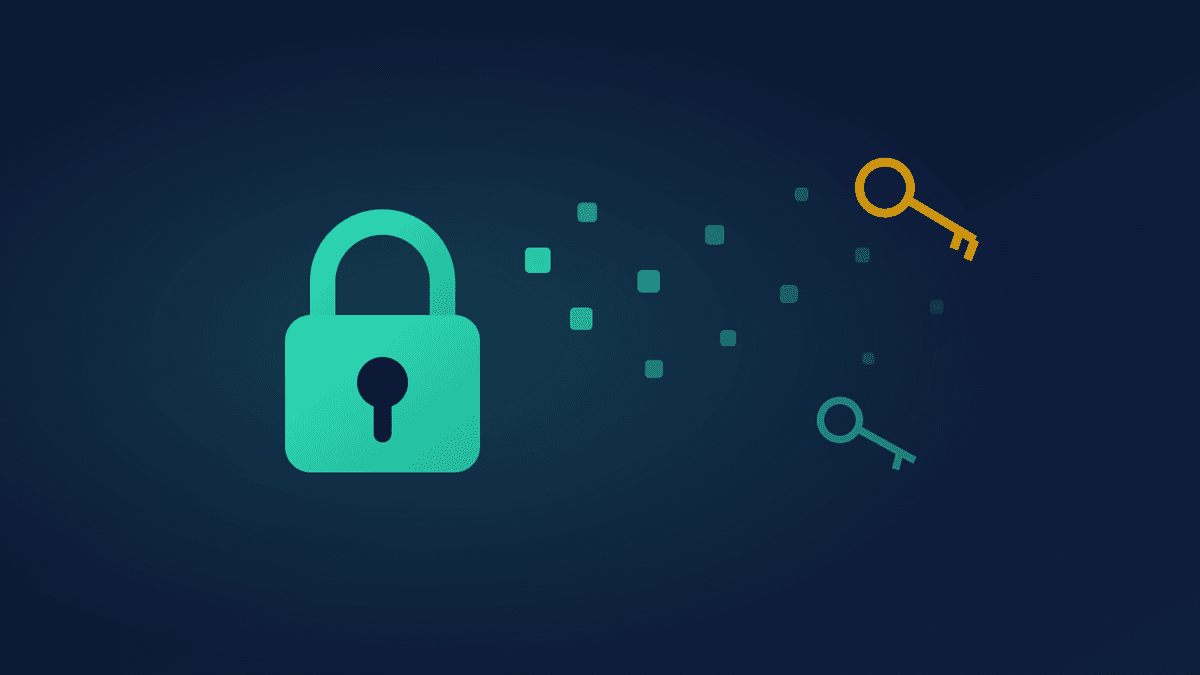 Abstract illustration of a padlock dissolving into streams of encrypted data and key shapes