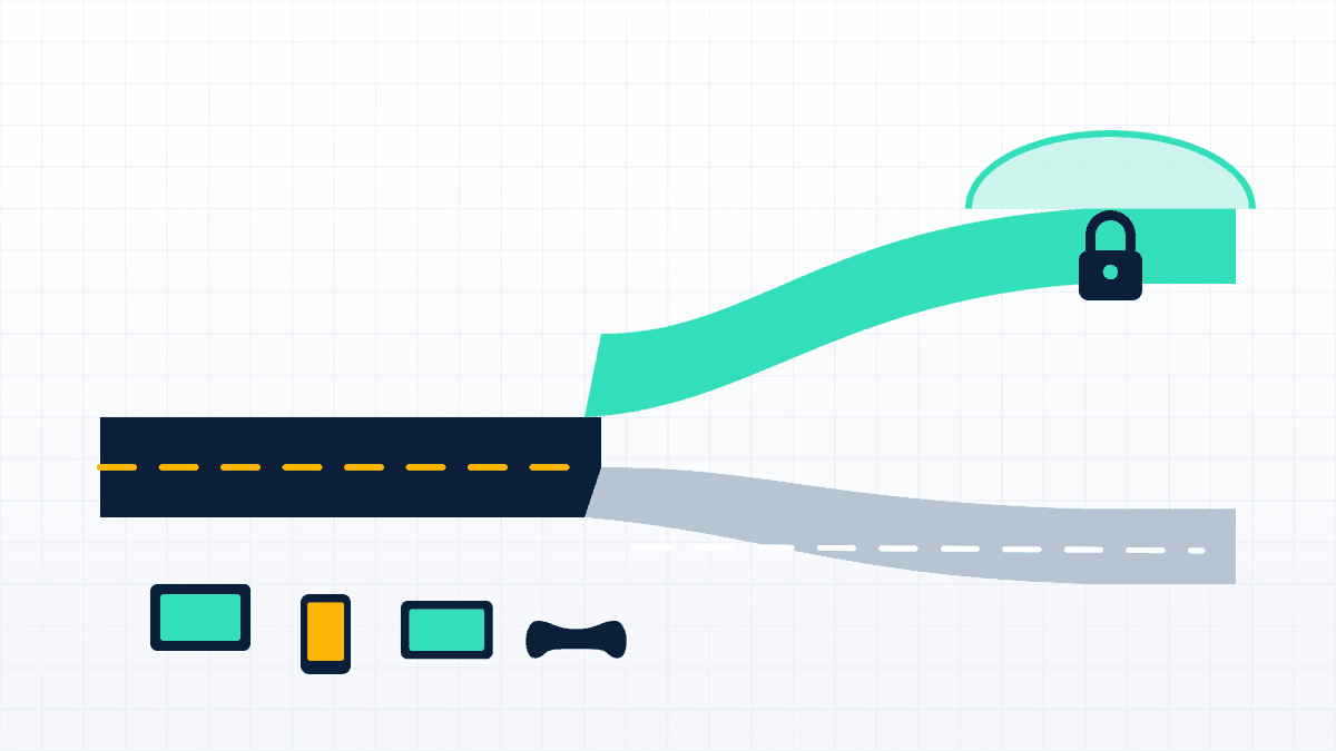Illustration of internet traffic splitting into an encrypted VPN tunnel and a direct local route