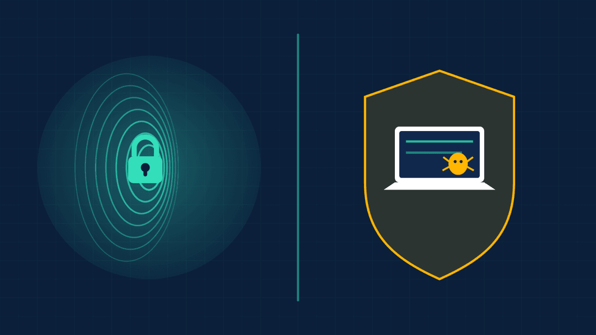 Split illustration showing an encrypted network tunnel on one side and a device-scanning security shield on the other, representing VPN versus antivirus.