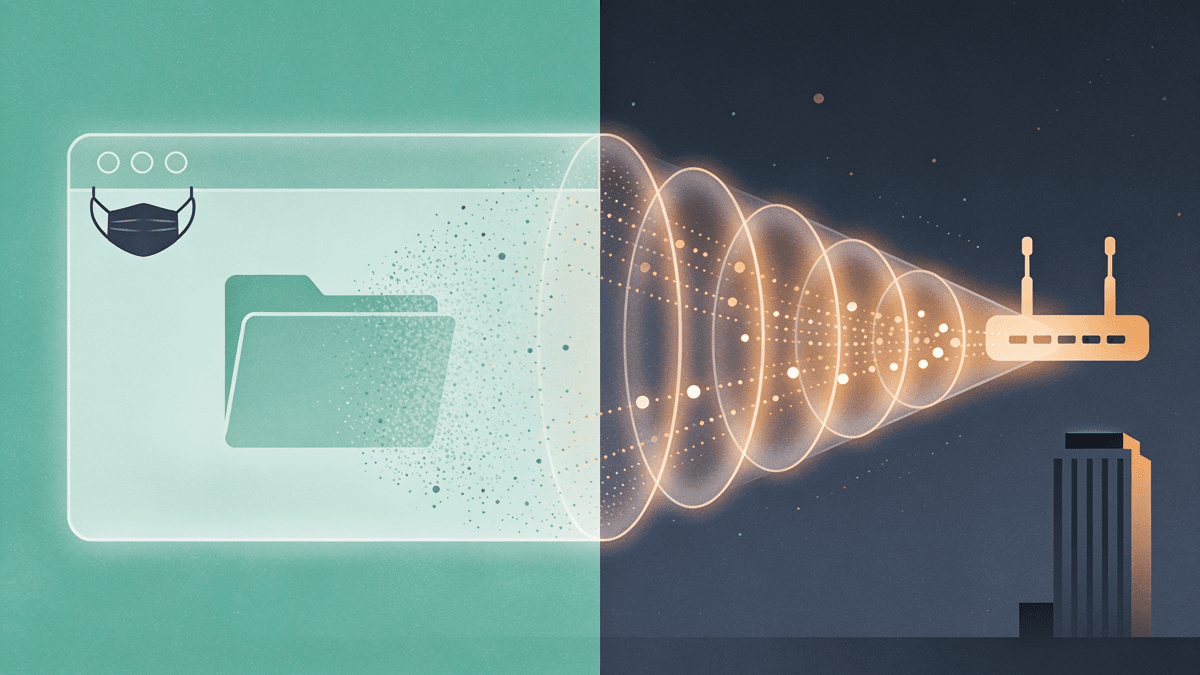 Split illustration contrasting an incognito browser window wiping local history with a VPN encrypting traffic past an ISP