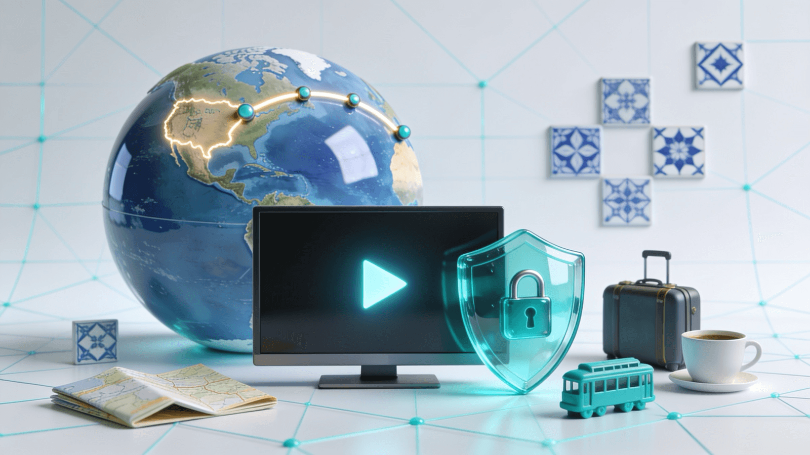 Illustration of a streaming screen with a play icon, a VPN shield and lock, a globe with a route arcing across the Atlantic, blue-and-white tiles, a suitcase and a teal tram