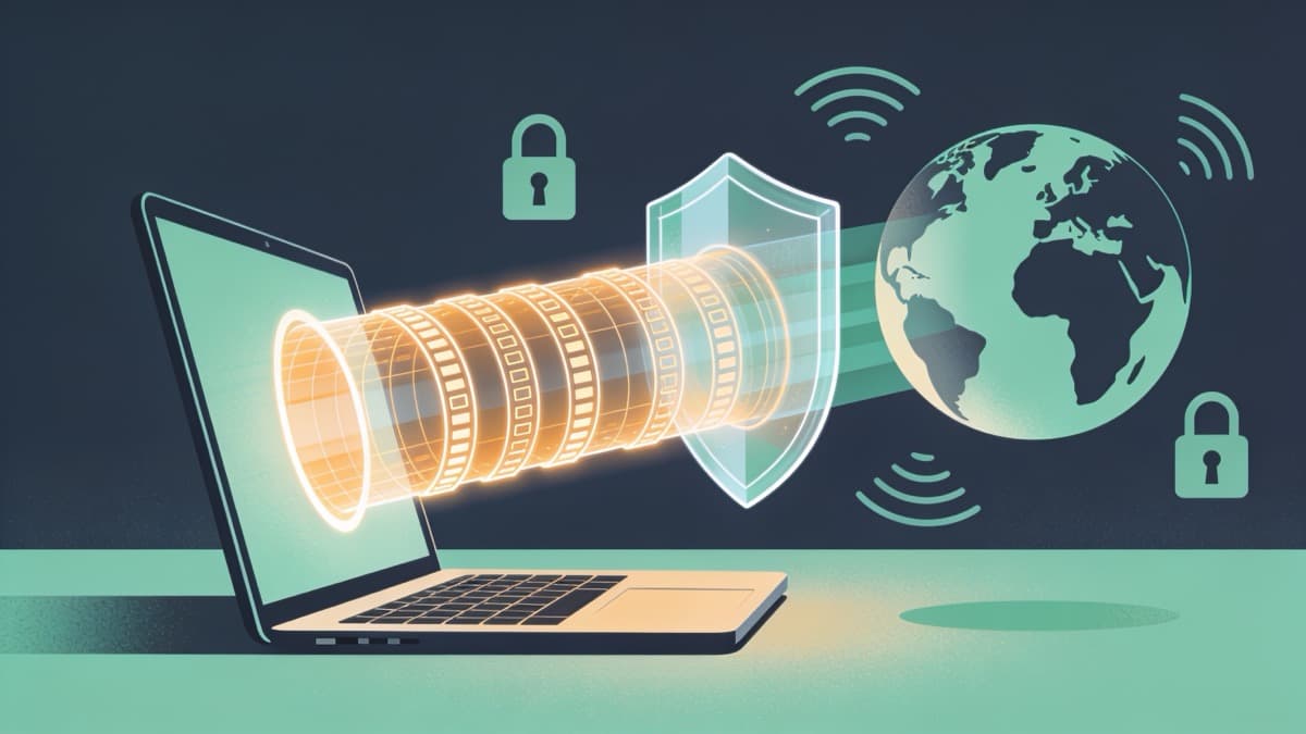 Illustration of a laptop connected through an encrypted tunnel to a remote VPN server with a padlock icon