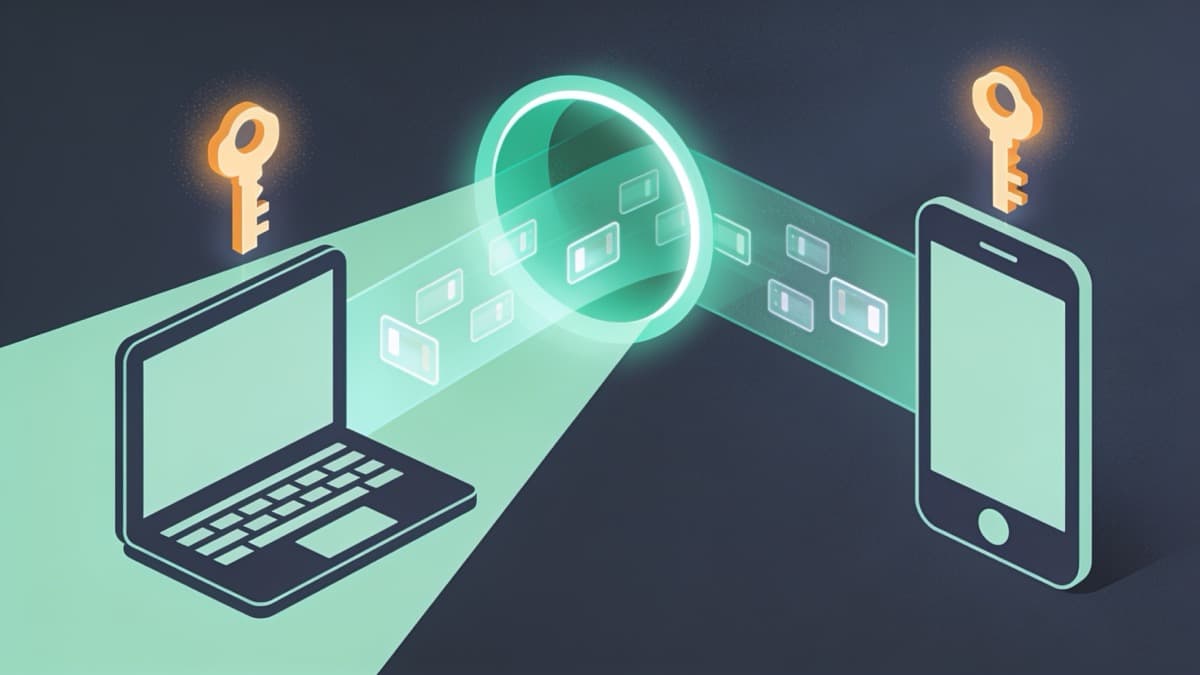 Illustration of the WireGuard VPN protocol showing an encrypted tunnel between two devices with cryptographic keys
