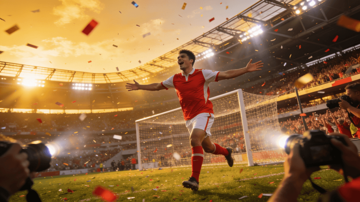A footballer celebrating a goal under stadium floodlights during a World Cup match.