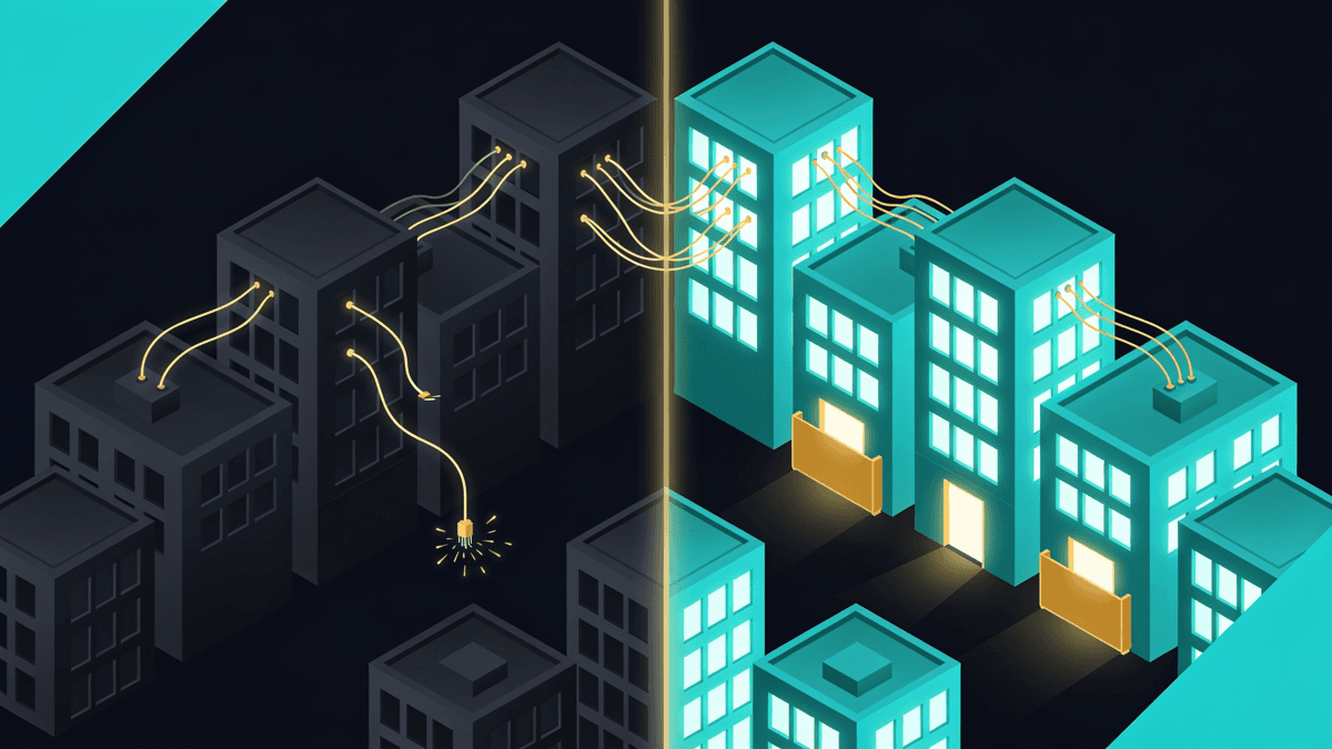 Illustration, not data: an isometric city split down the middle — one half unlit with severed network cables hanging loose, the other half fully lit but with several doorways sealed shut by amber barriers