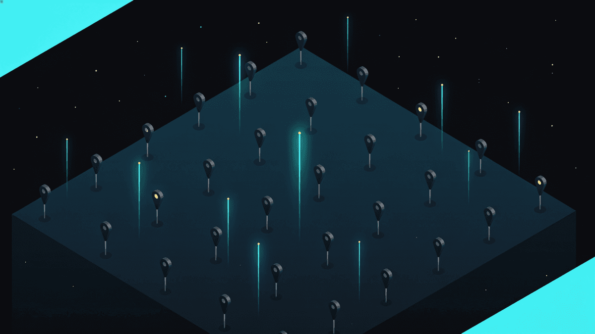 Illustration, not data: an isometric dark terrain covered in measurement probes, most of them switched off and grey, a handful still sending a thin beam of light upward