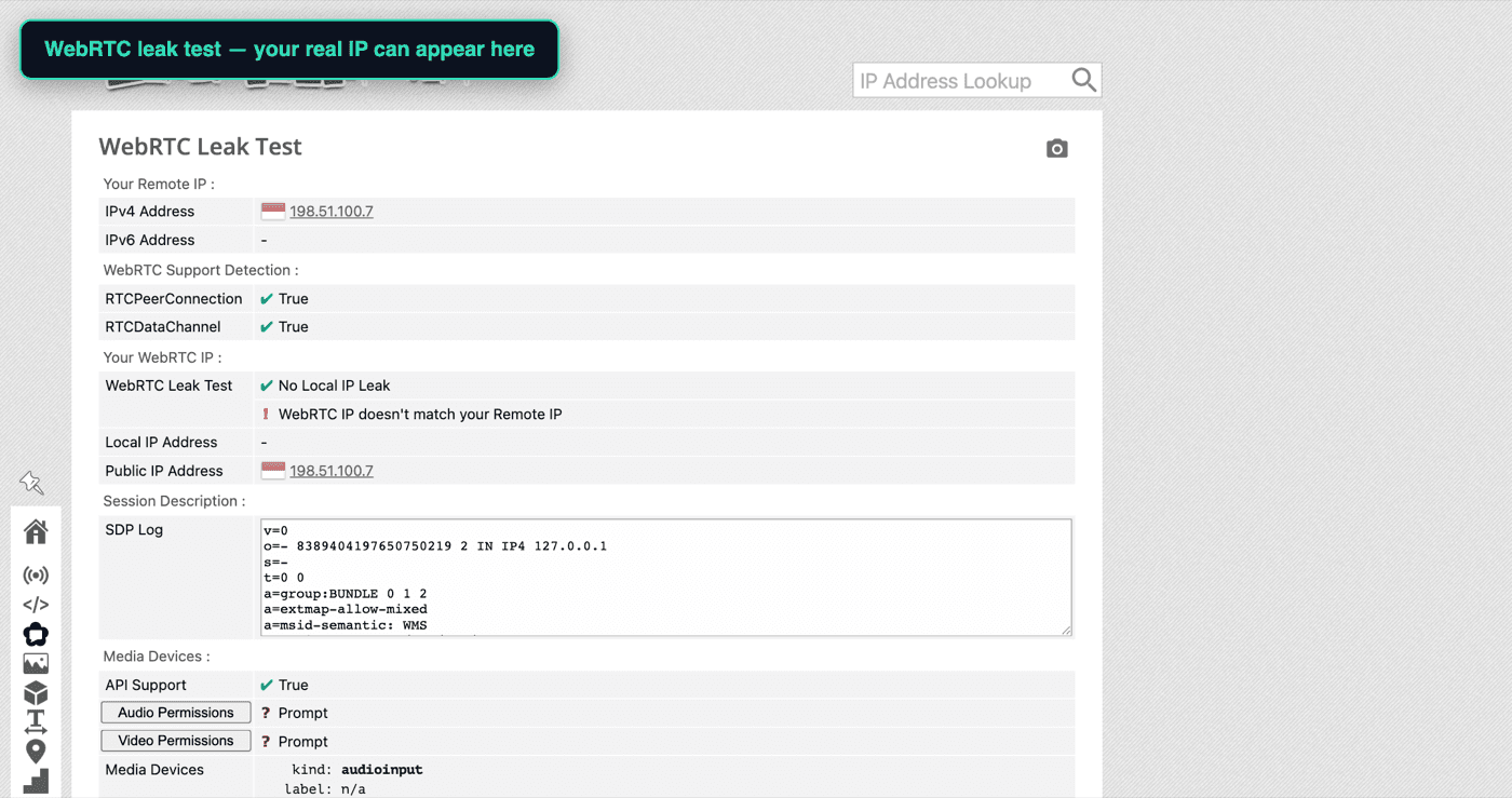 A WebRTC leak test in the browser showing where a real public IP address can appear