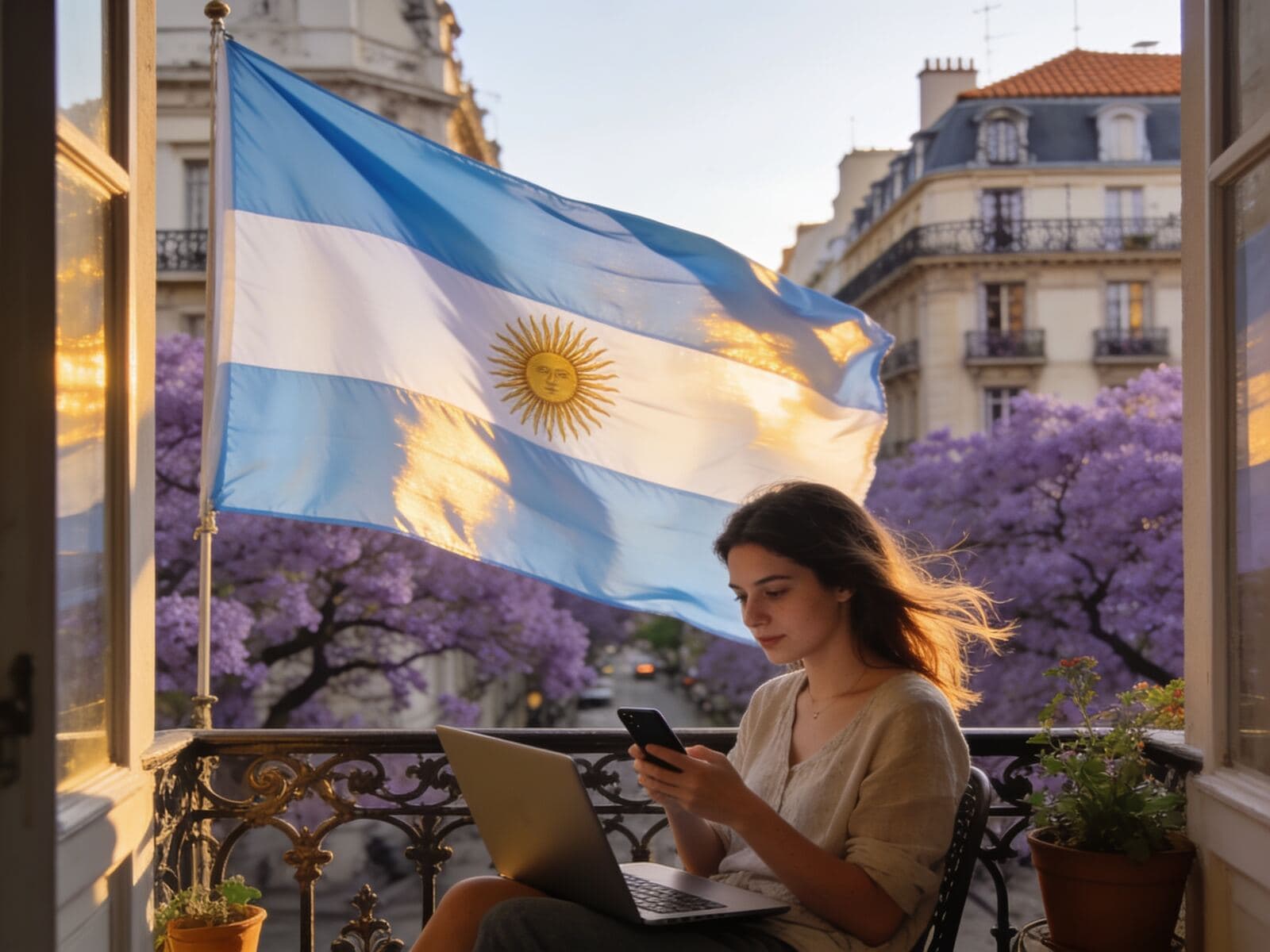 Una mujer usa el celular y la notebook en un balcón de Buenos Aires, junto a una bandera argentina y jacarandás en flor