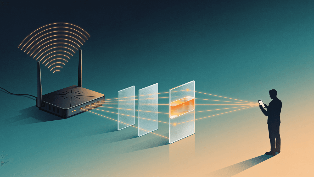 Illustration of a home Wi-Fi router with data streams passing through frosted glass panels toward a person holding a phone