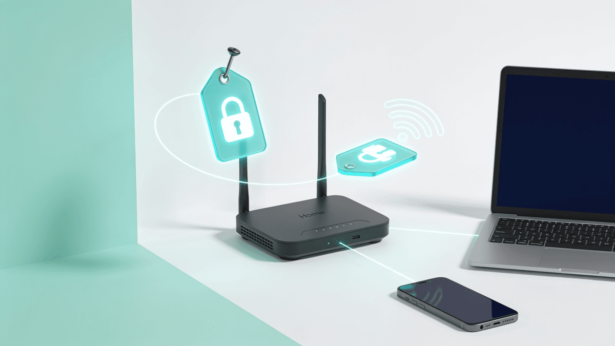 Illustration of a home router with one address tag pinned in place and another drifting on a curved path toward a laptop and a phone