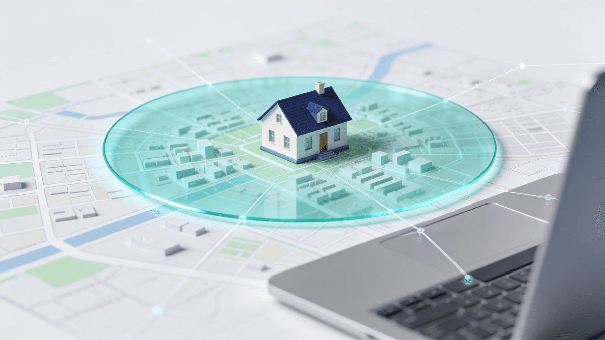 Illustration of a small house on a city map inside a wide translucent circle covering the whole district, with a laptop in the foreground