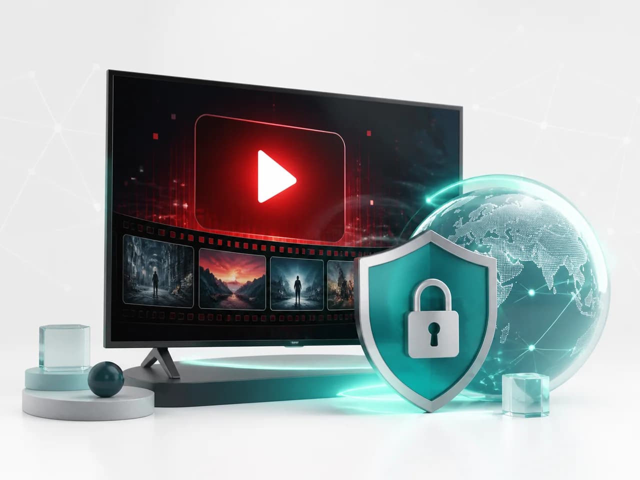 Secure cinematic streaming screen with a play icon, VPN shield and globe