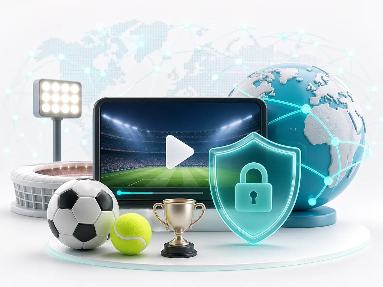 Secure live sports stream with a VPN shield, globe and sports equipment