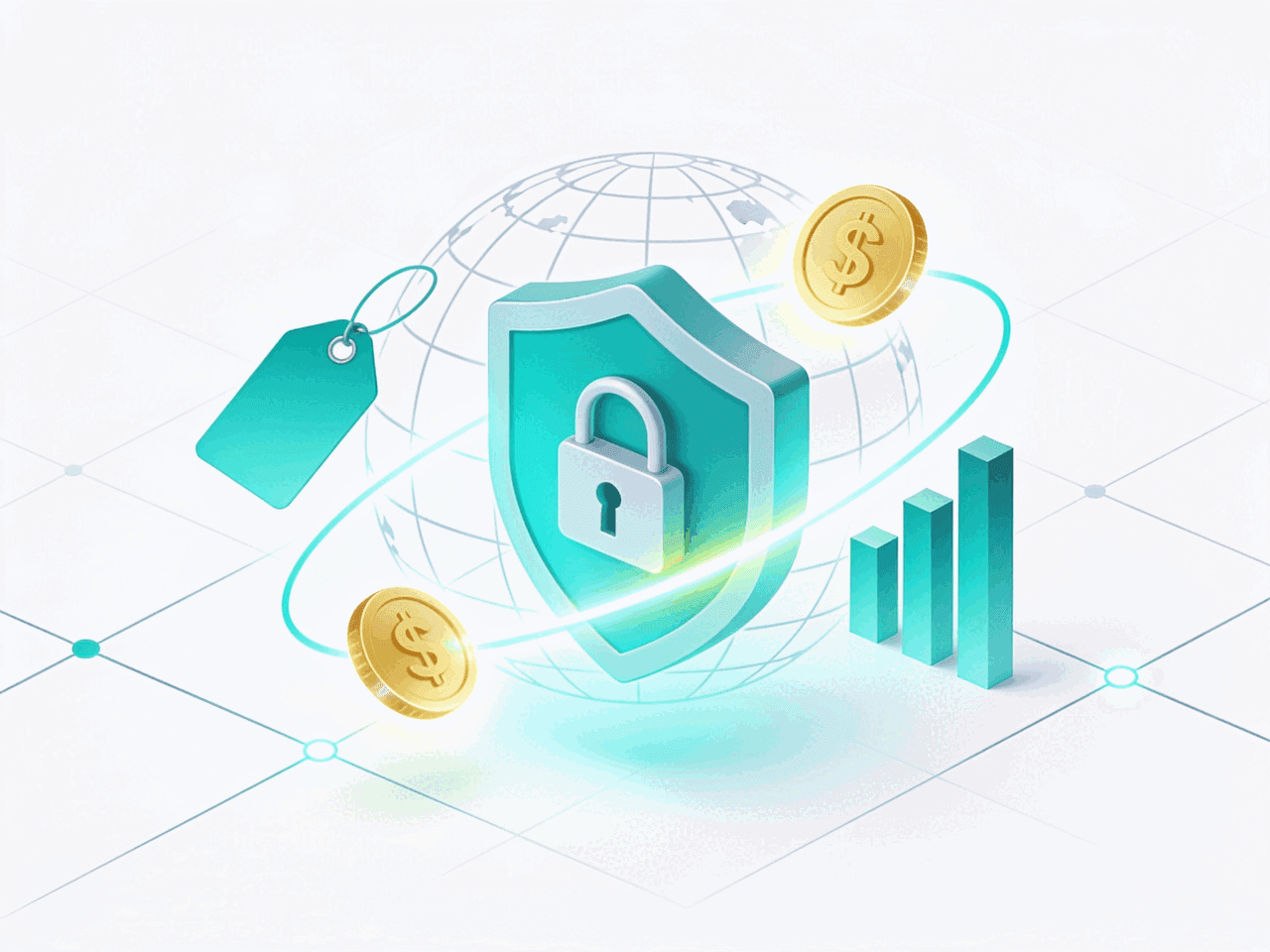 Illustration of price tags and coins orbiting a shield with a padlock, with rising bar-chart bars and a wireframe globe