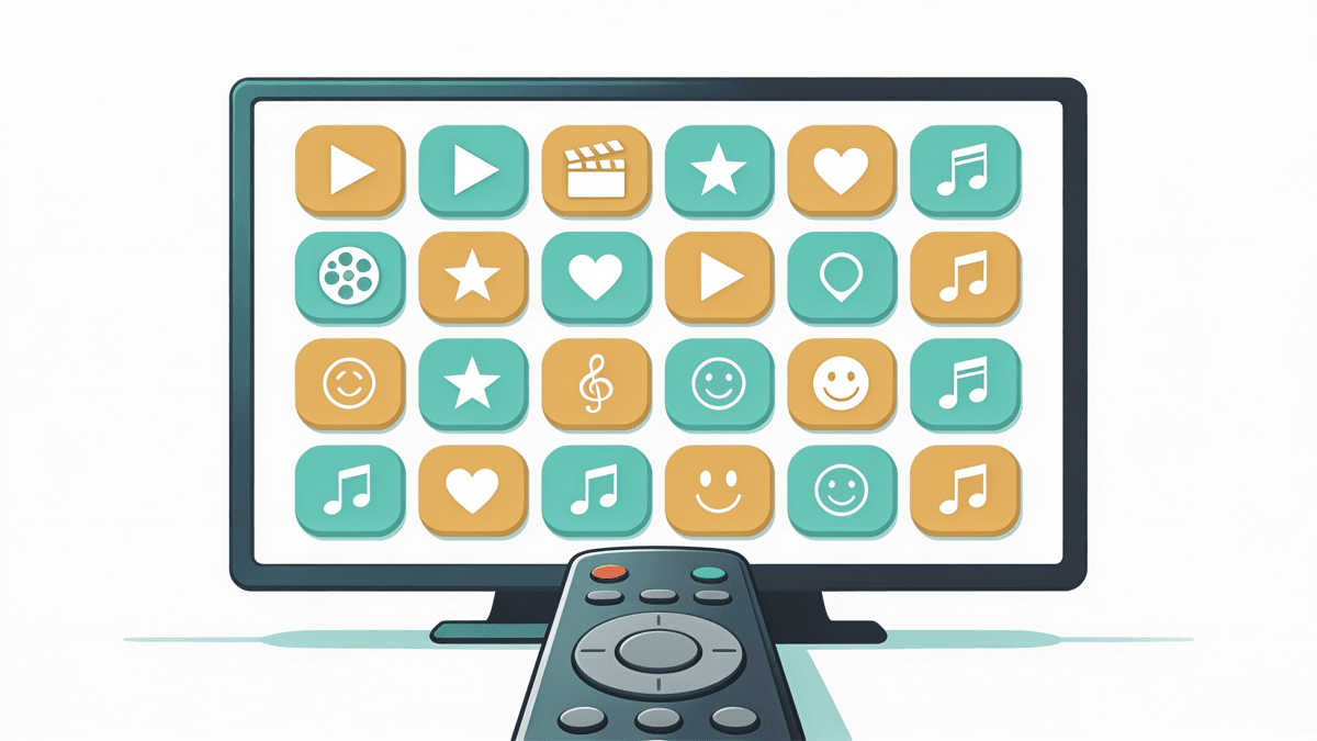 A TV screen divided into eight colored tiles representing major streaming services, each with a small price tag, a remote in the foreground