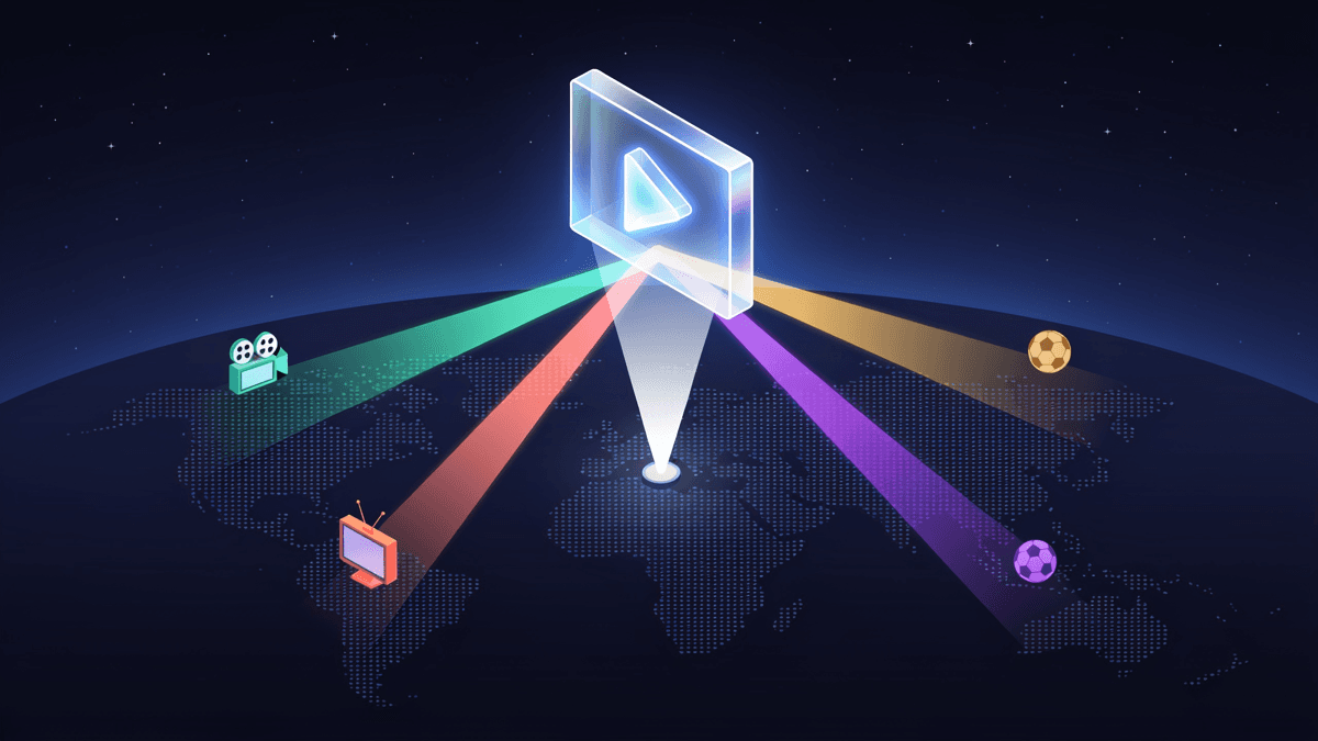 Abstract illustration of a glowing play-button prism splitting light into four colored streams that land on different continents of a dotted world map