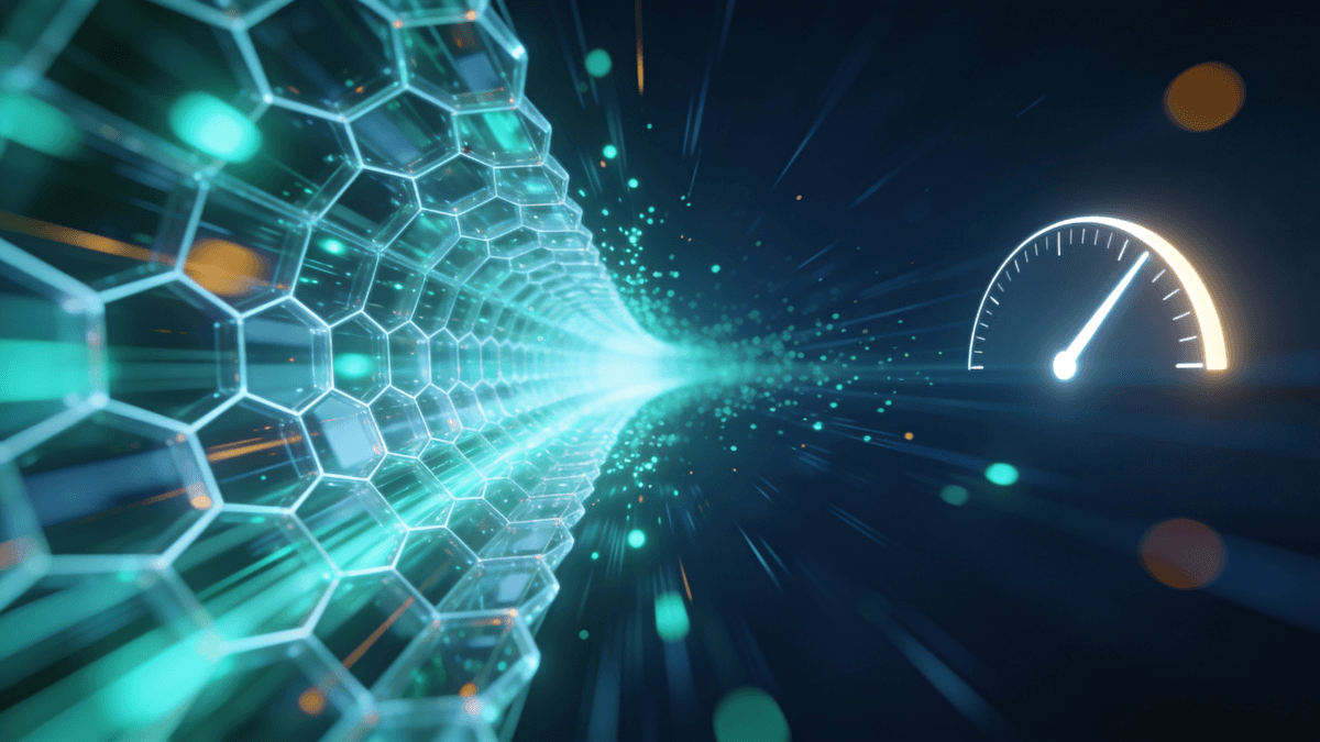 Abstract illustration of glowing data streams accelerating through a translucent encrypted tunnel beside a rising speed gauge